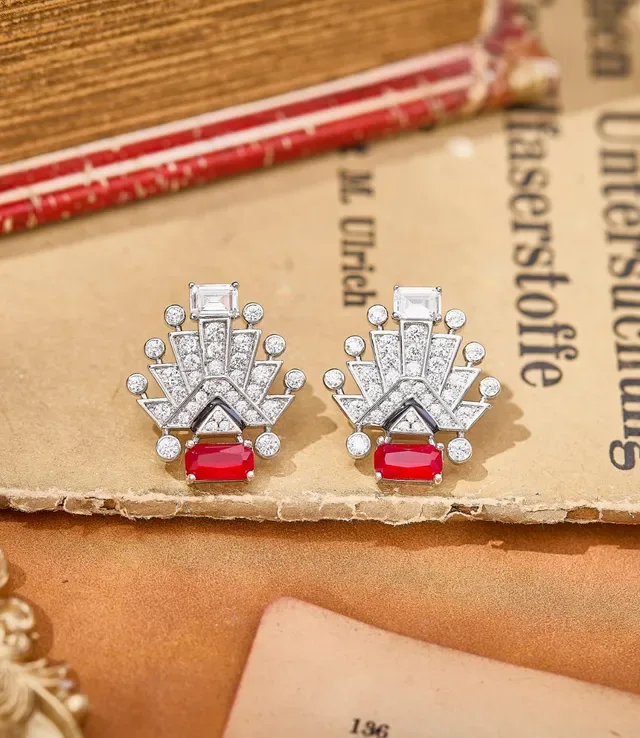 Art Deco Geometric Fan Motif Red and Clear Stone Earrings 6