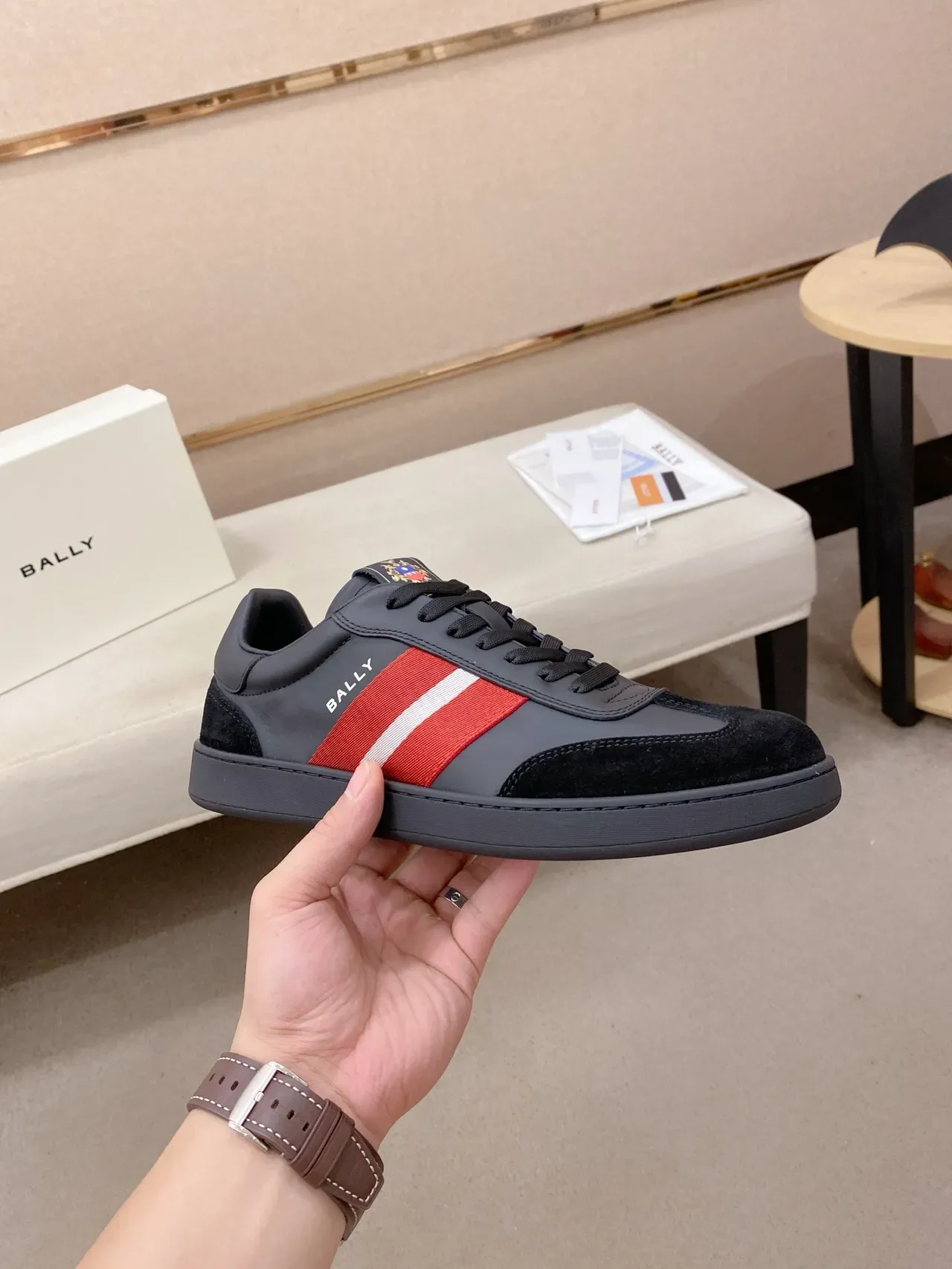 BALLY Black Red Panelled Suede And Leather Upper Striped Side Stripe Lifestyle Sneakers 4