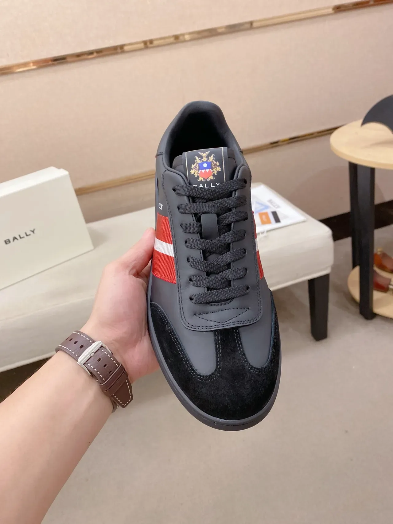 BALLY Black Red Panelled Suede And Leather Upper Striped Side Stripe Lifestyle Sneakers 5