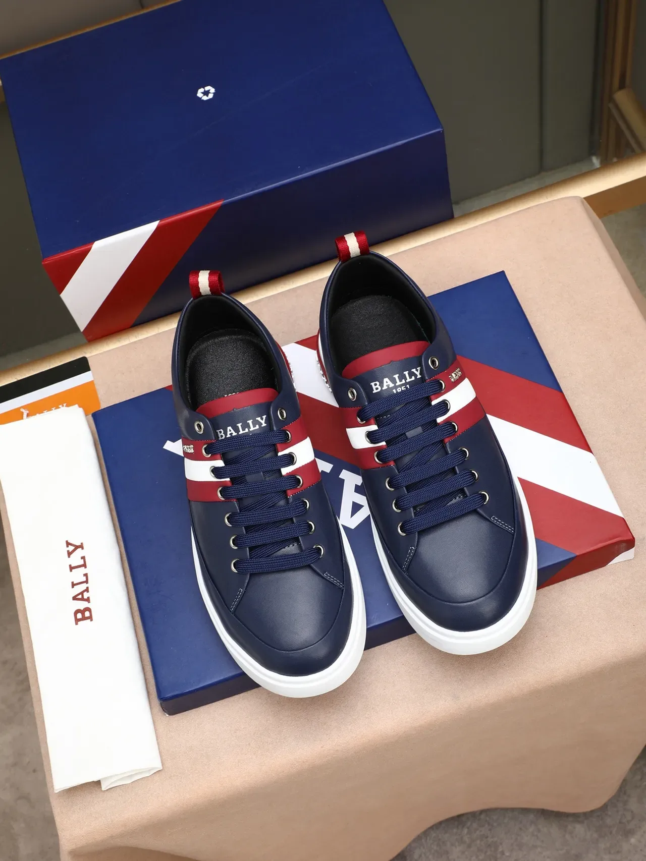 BALLY Navy Red Leather Upper Striped Side Panel Sneakers 3