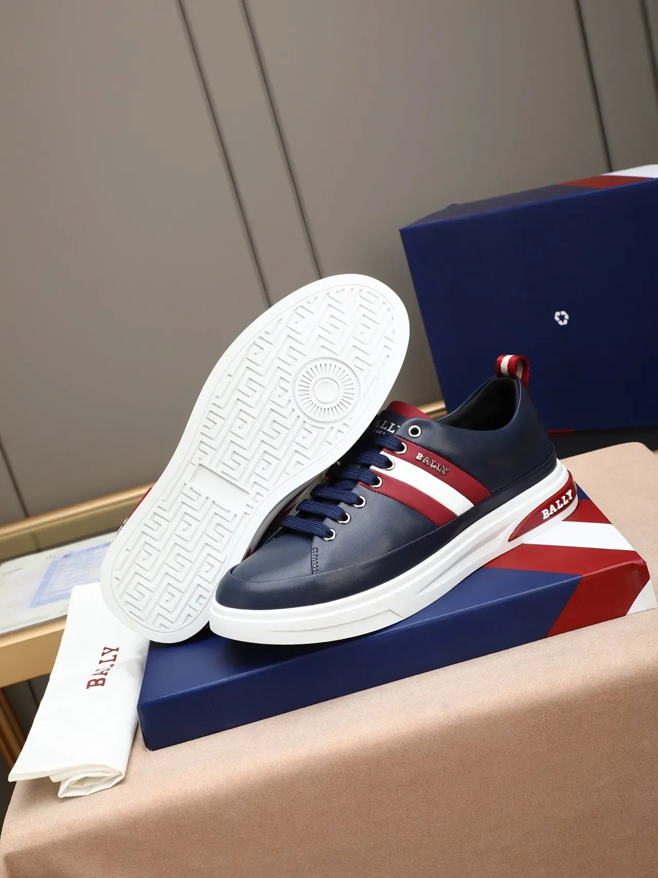 BALLY Navy Red Leather Upper Striped Side Panel Sneakers 5