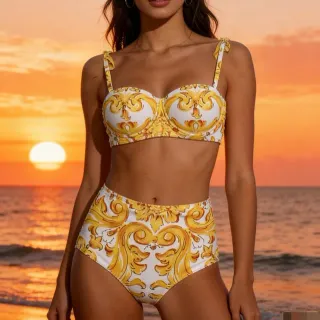 Baroque-Print Underwire Top and High-Waisted Briefs Swimwear