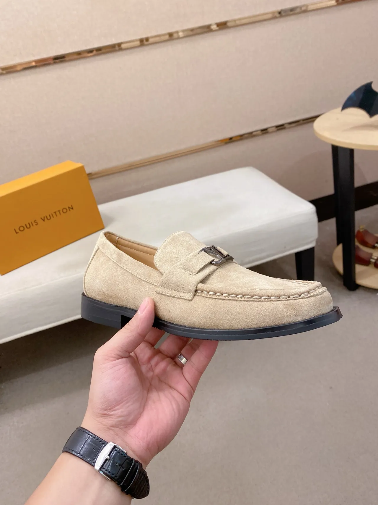 Beige Black Suede Upper Metal Bit Strap Loafer 4