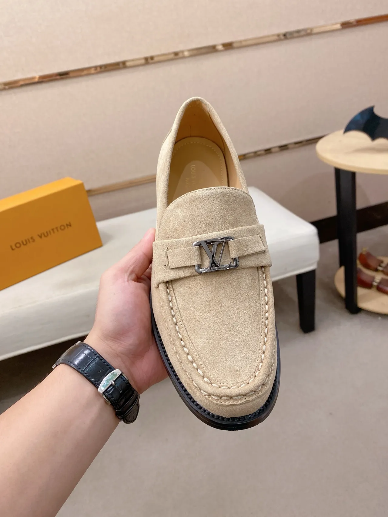 Beige Black Suede Upper Metal Bit Strap Loafer 5