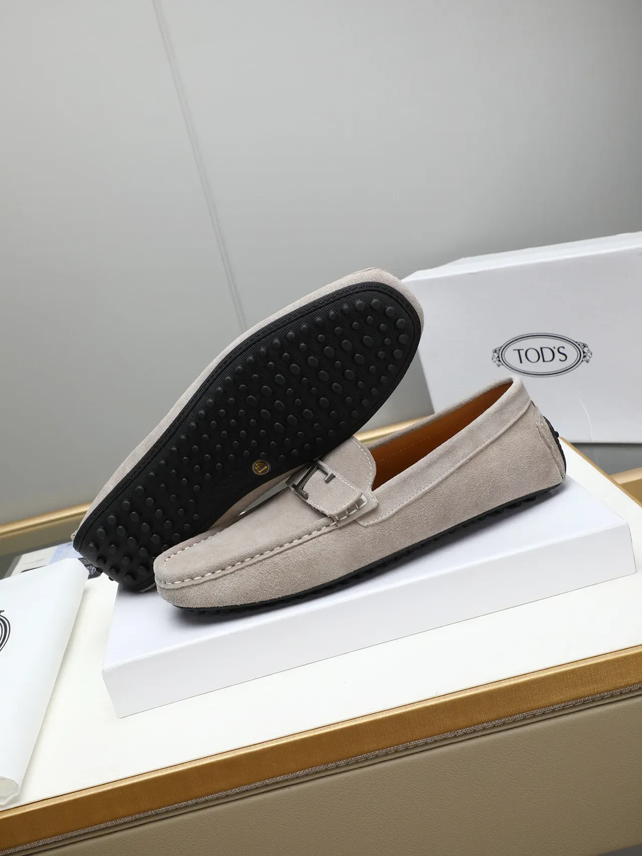Beige Black Suede Upper Metal Buckle Strap Loafer 4