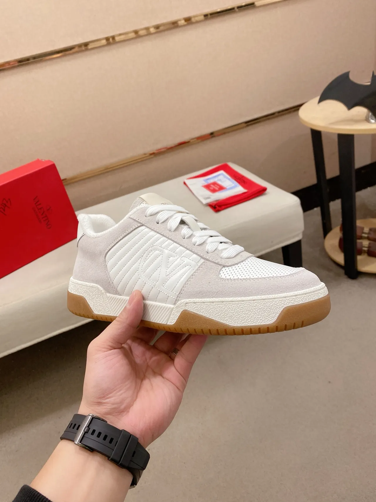 Beige Brown Low-Top Suede And Perforated Leather Upper Sneakers 4