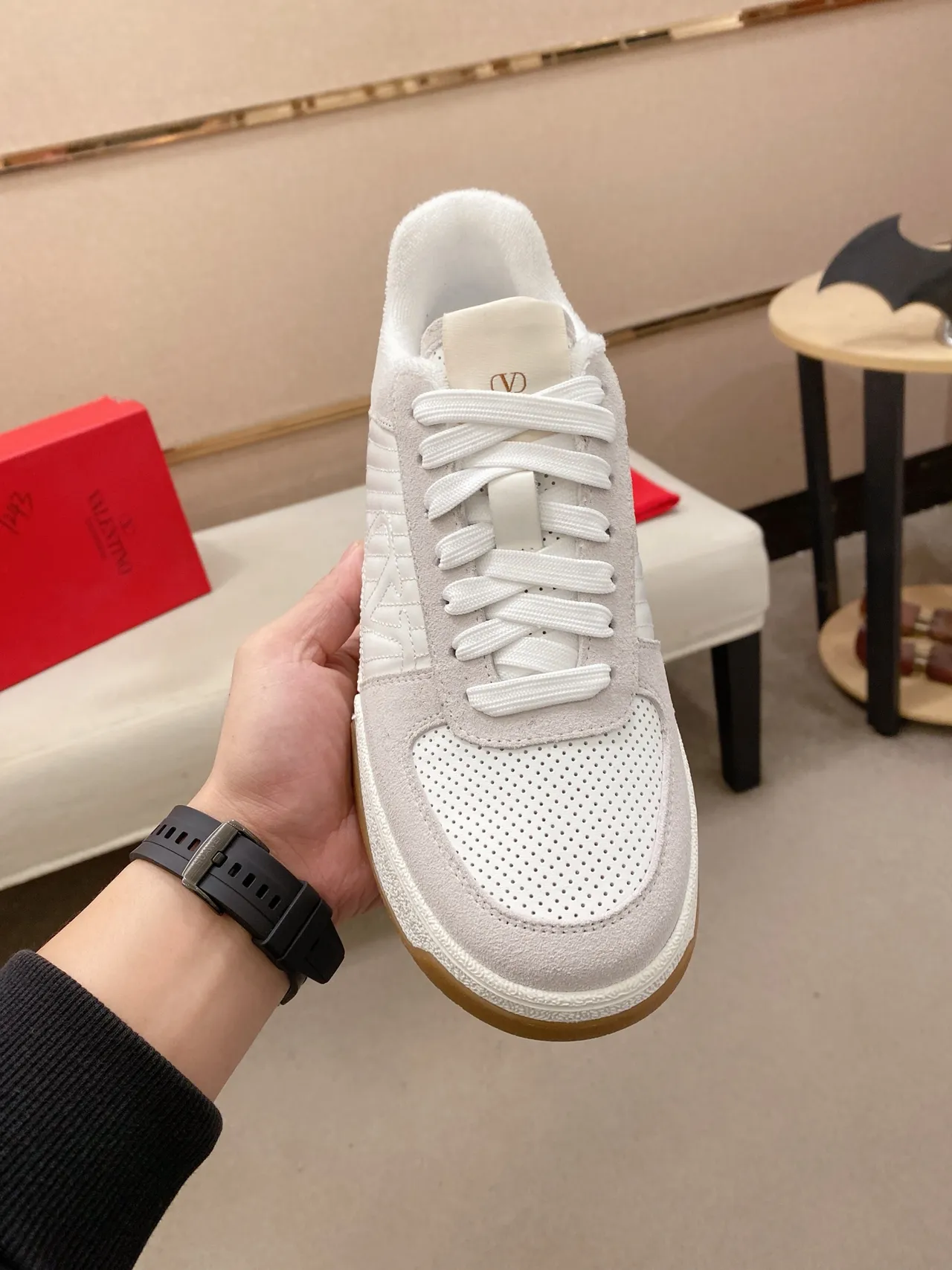 Beige Brown Low-Top Suede And Perforated Leather Upper Sneakers 5
