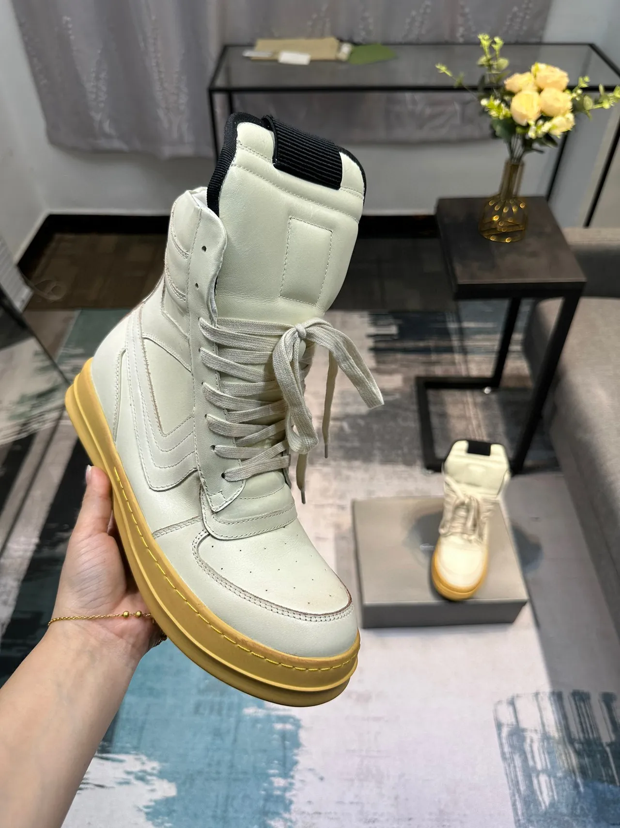 Beige Gold High-Top Leather-Paneled Sneakers 6