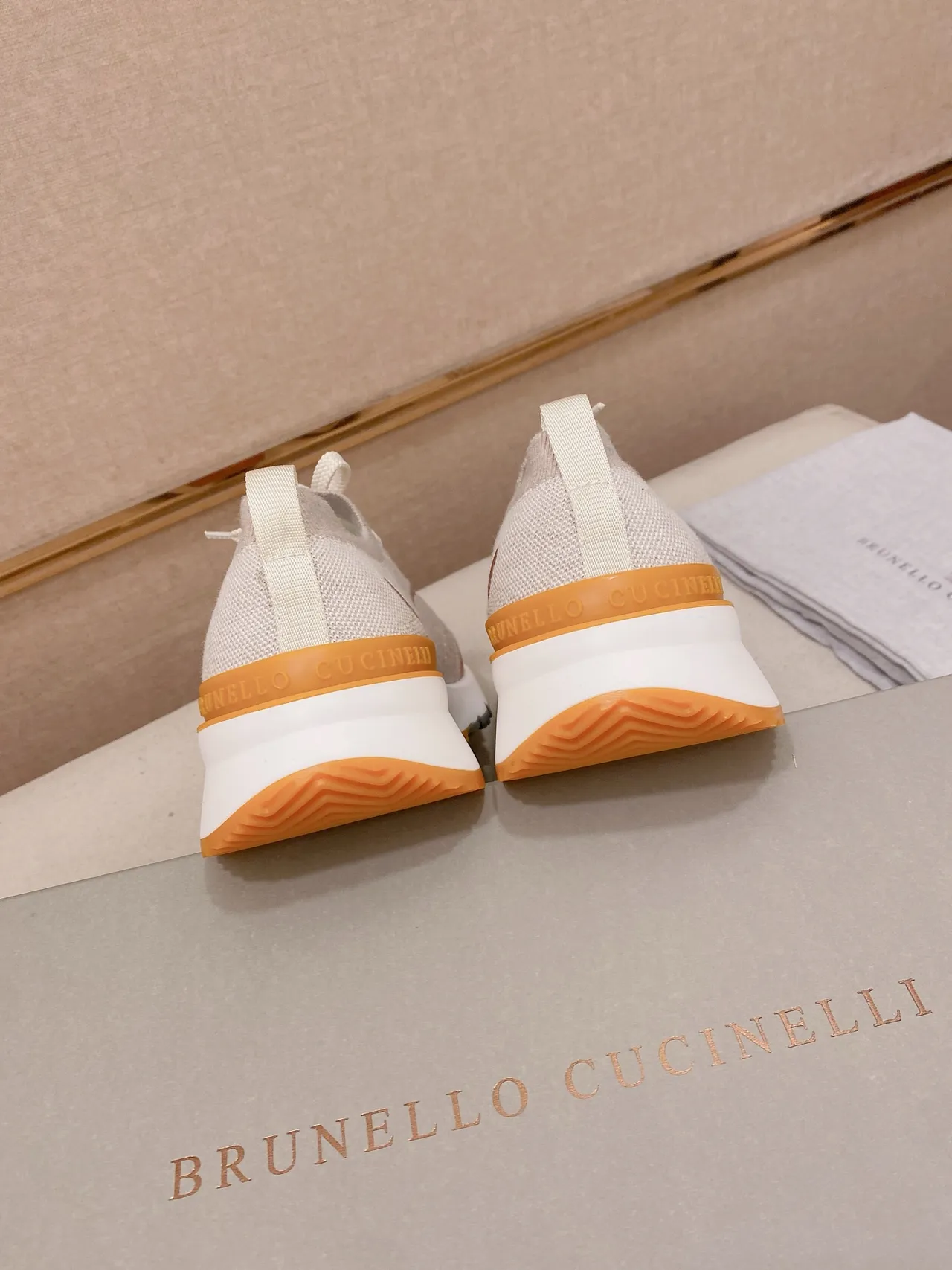 Beige Orange Knit Sock-Like Upper Sculpted Layered Midsole Sneakers 3