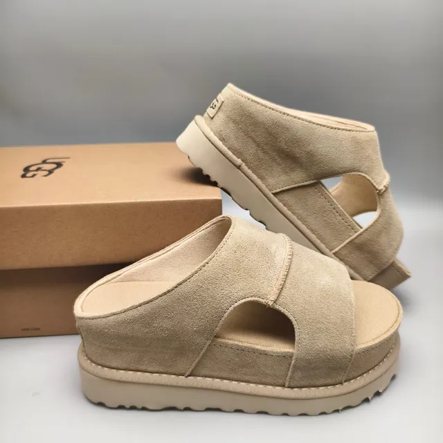 Beige Suede-Textured Platform Dual-Strap Mule Casual Sandal 6
