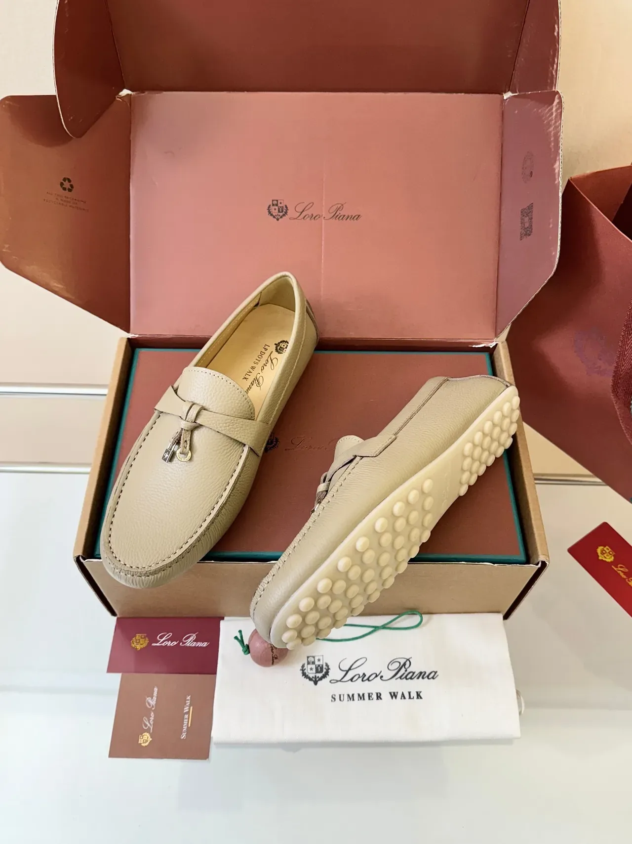 Beige White Pebbled Leather Moccasin-Stitched Vamp Loafer 2