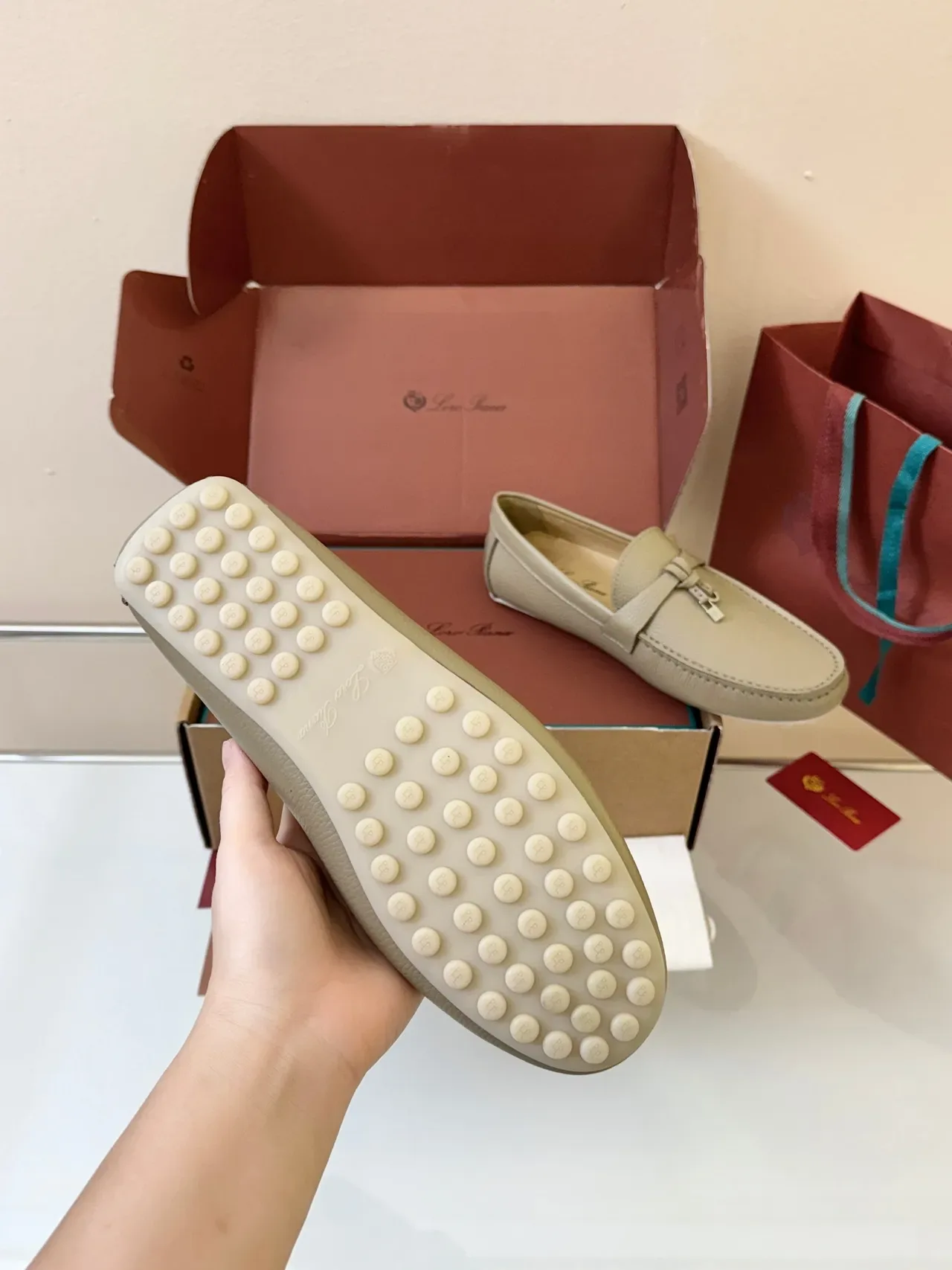 Beige White Pebbled Leather Moccasin-Stitched Vamp Loafer 5