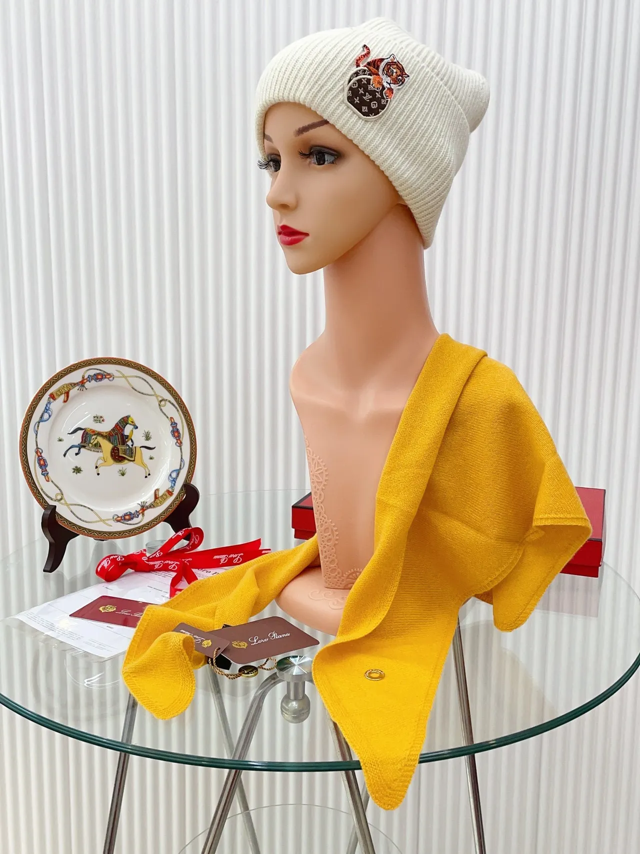Beige Yellow Ribbed Knit Embroidered Tiger Patch Beanie 8