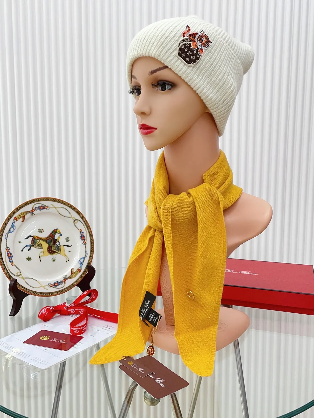 Beige Yellow Ribbed Knit Embroidered Tiger Patch Beanie 9
