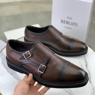 BERLUTI Double Monk Strap Cap Toe Brown Leather Monk Shoes