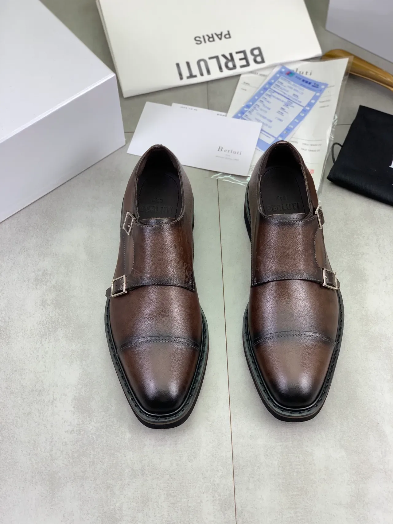 BERLUTI Double Monk Strap Cap Toe Brown Leather Monk Shoes 5