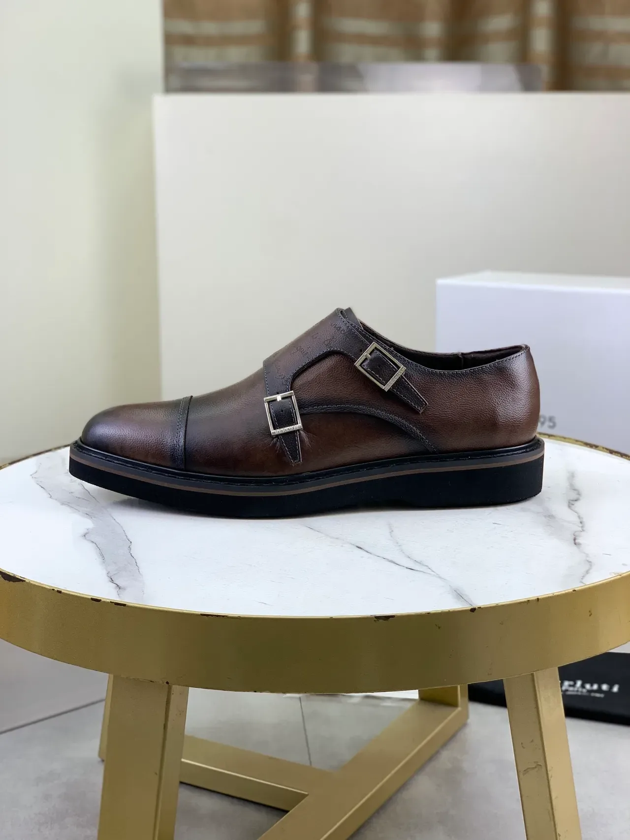 BERLUTI Double Monk Strap Cap Toe Brown Leather Monk Shoes 6
