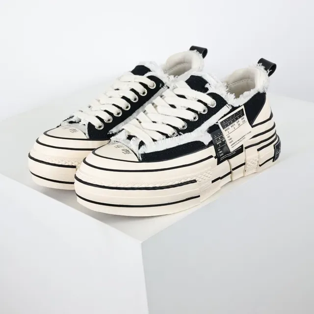 Black and Cream Deconstructed Canvas Platform Sneakers 2