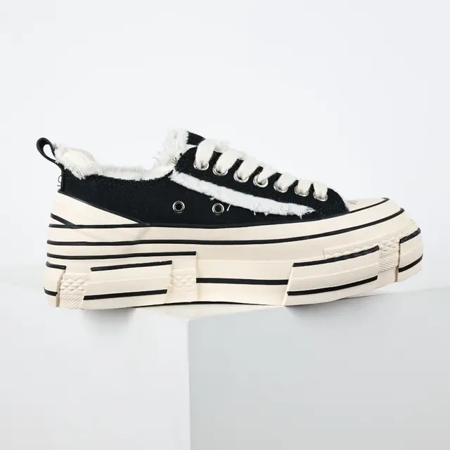 Black and Cream Deconstructed Canvas Platform Sneakers 7