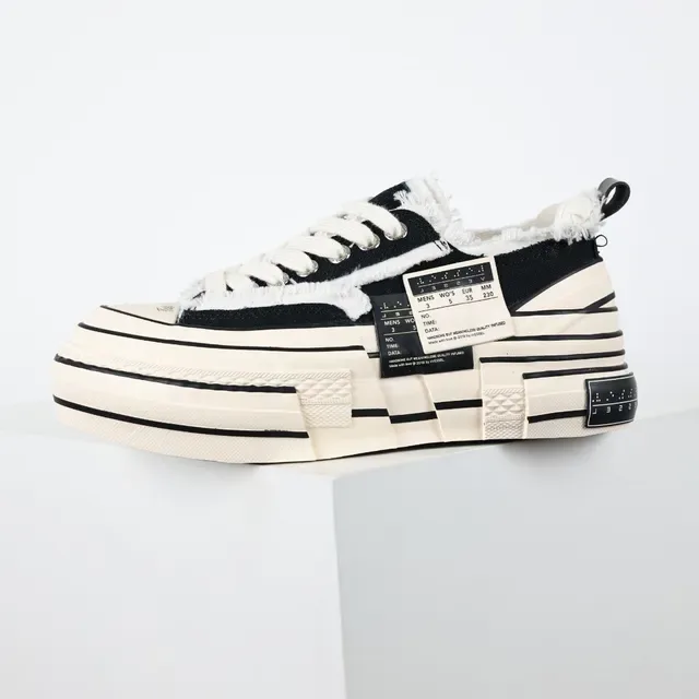 Black and Cream Deconstructed Canvas Platform Sneakers 9