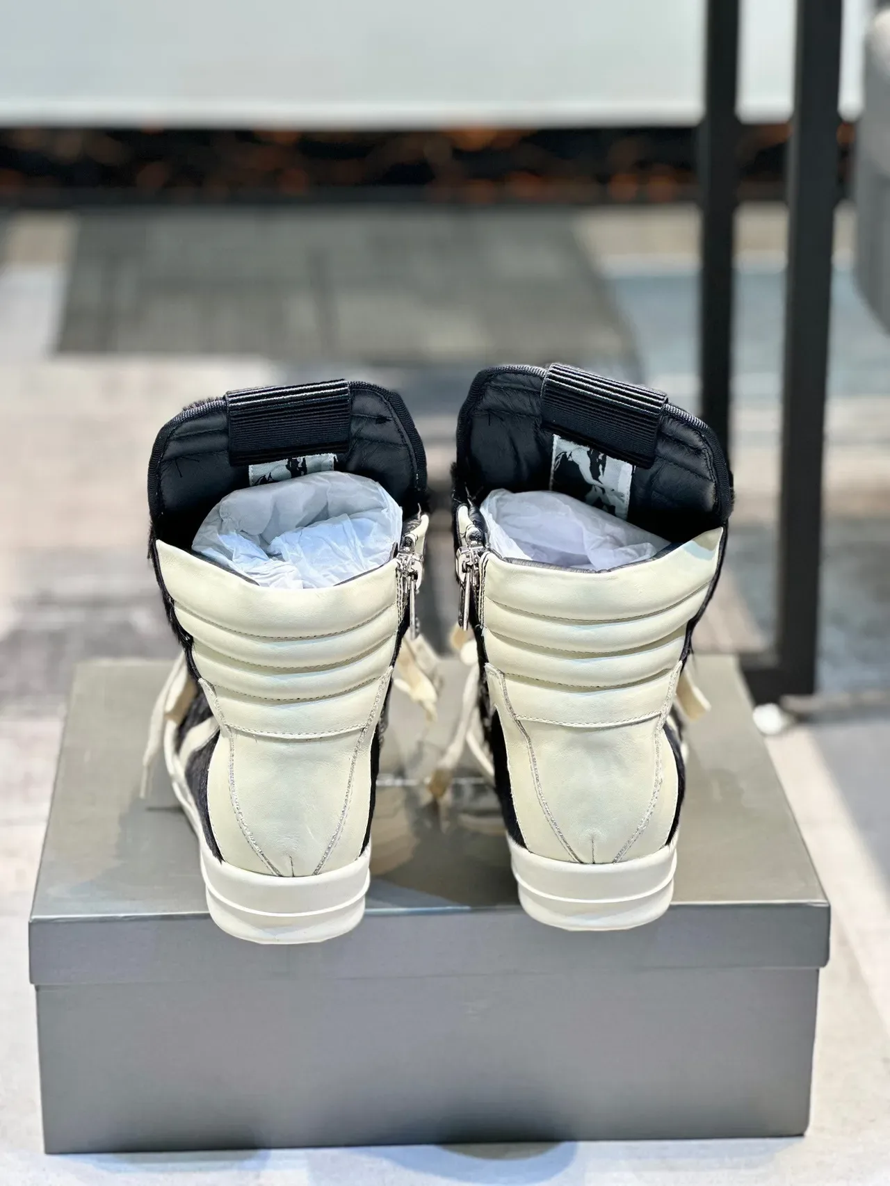 Black and Cream Hair-On-Hide High-Top Platform Sneaker 2