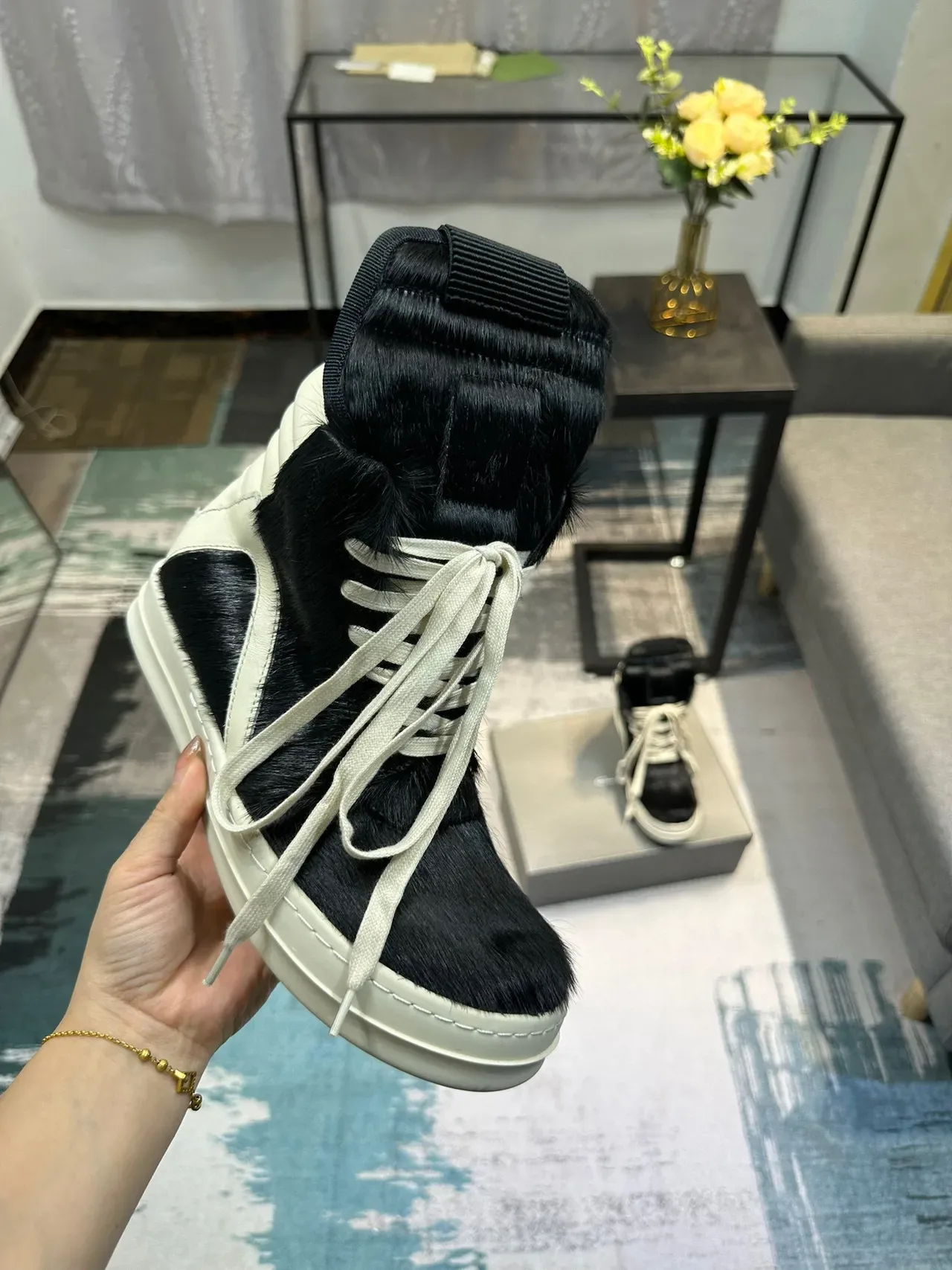 Black and Cream Hair-On-Hide High-Top Platform Sneaker 6