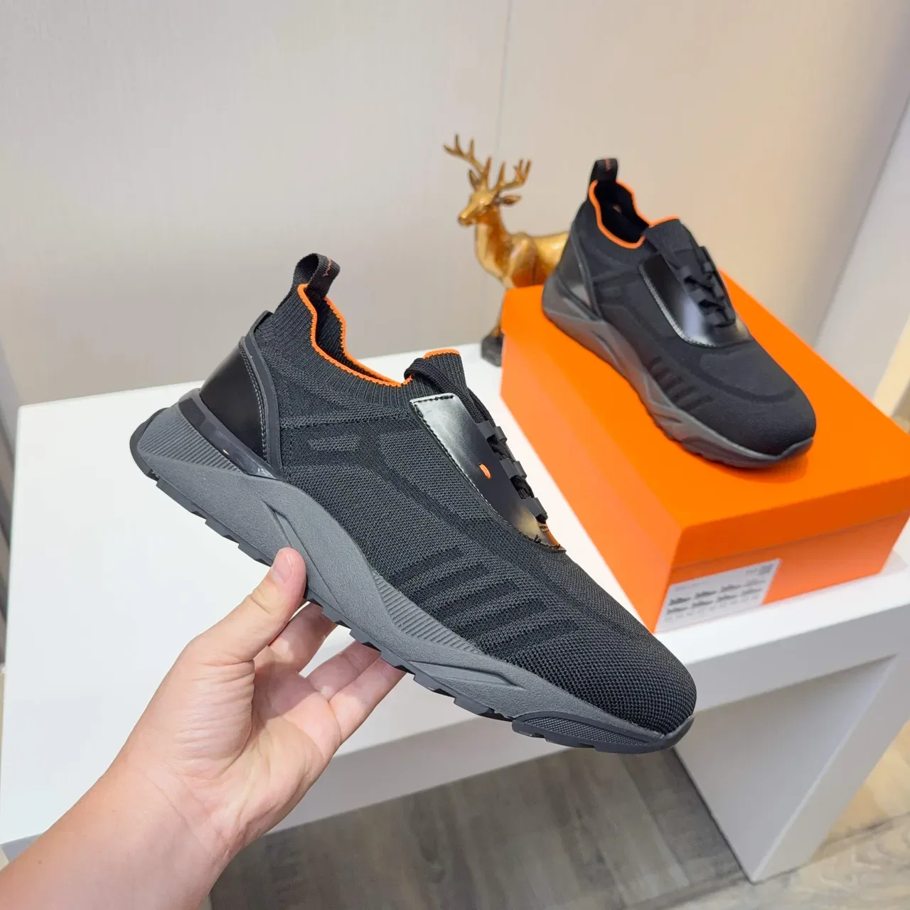 Black and Orange Slip-On Knit Sneakers 3