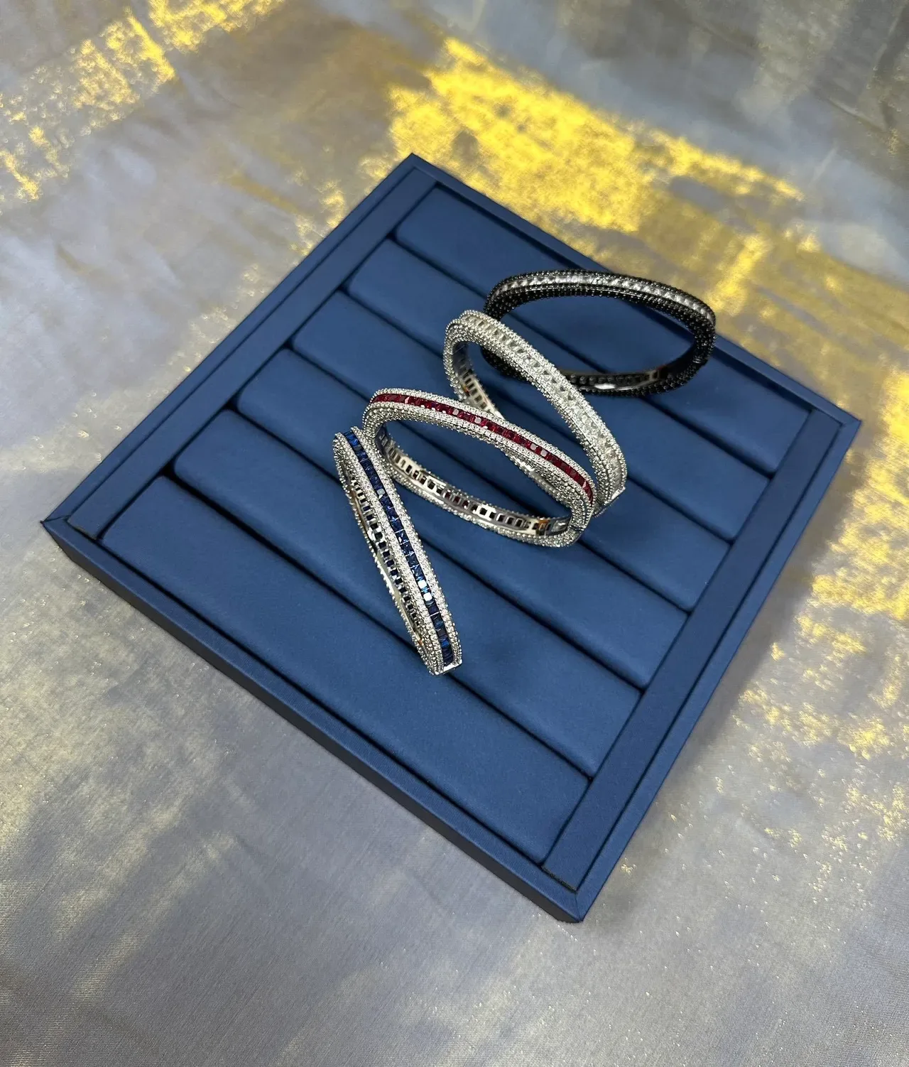 Black and Silver Pavé Double-Row Rigid Bangle Bracelet 7