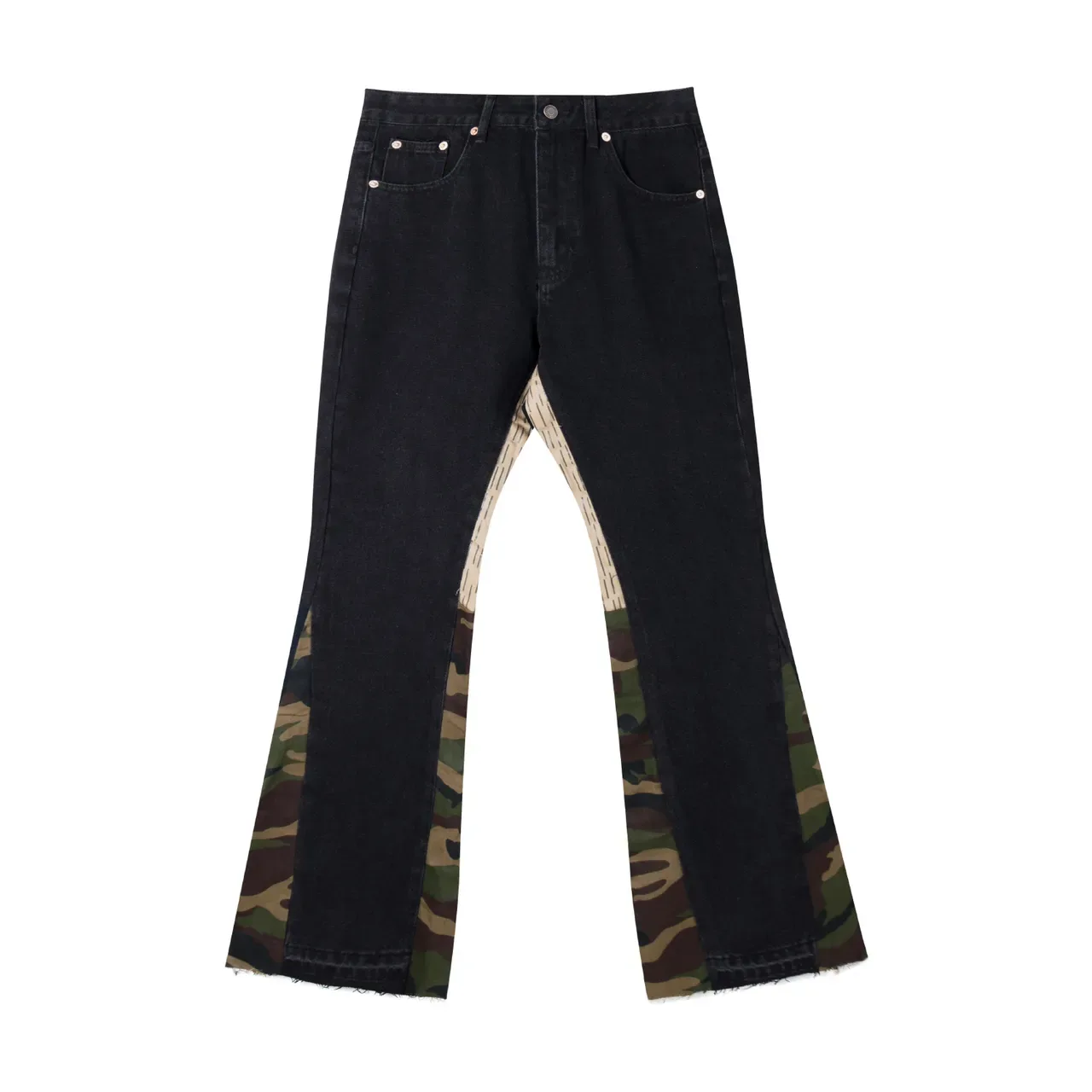 Black Army Green Flared-Leg Camouflage-Paneled Jeans 2