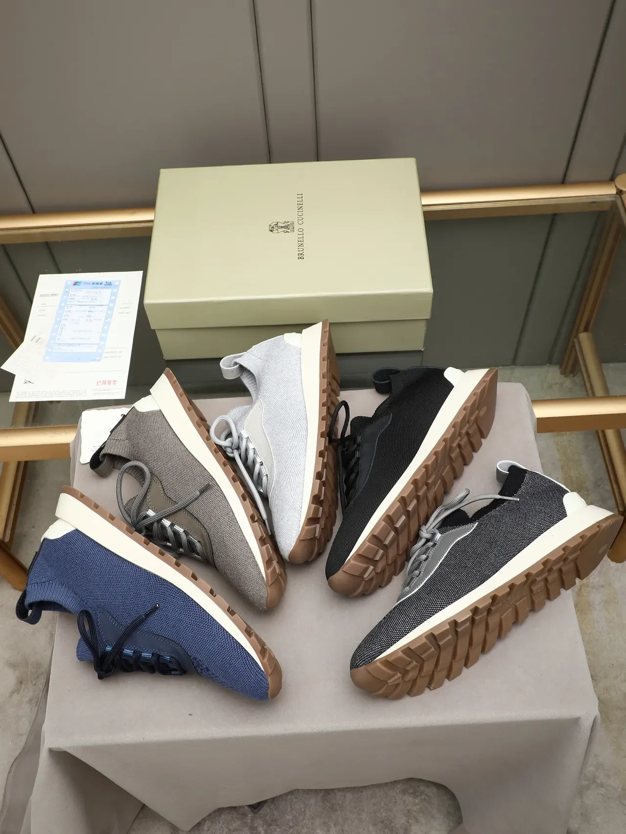 Black Beige Knit Upper Sock-Like Collar Sneakers 2