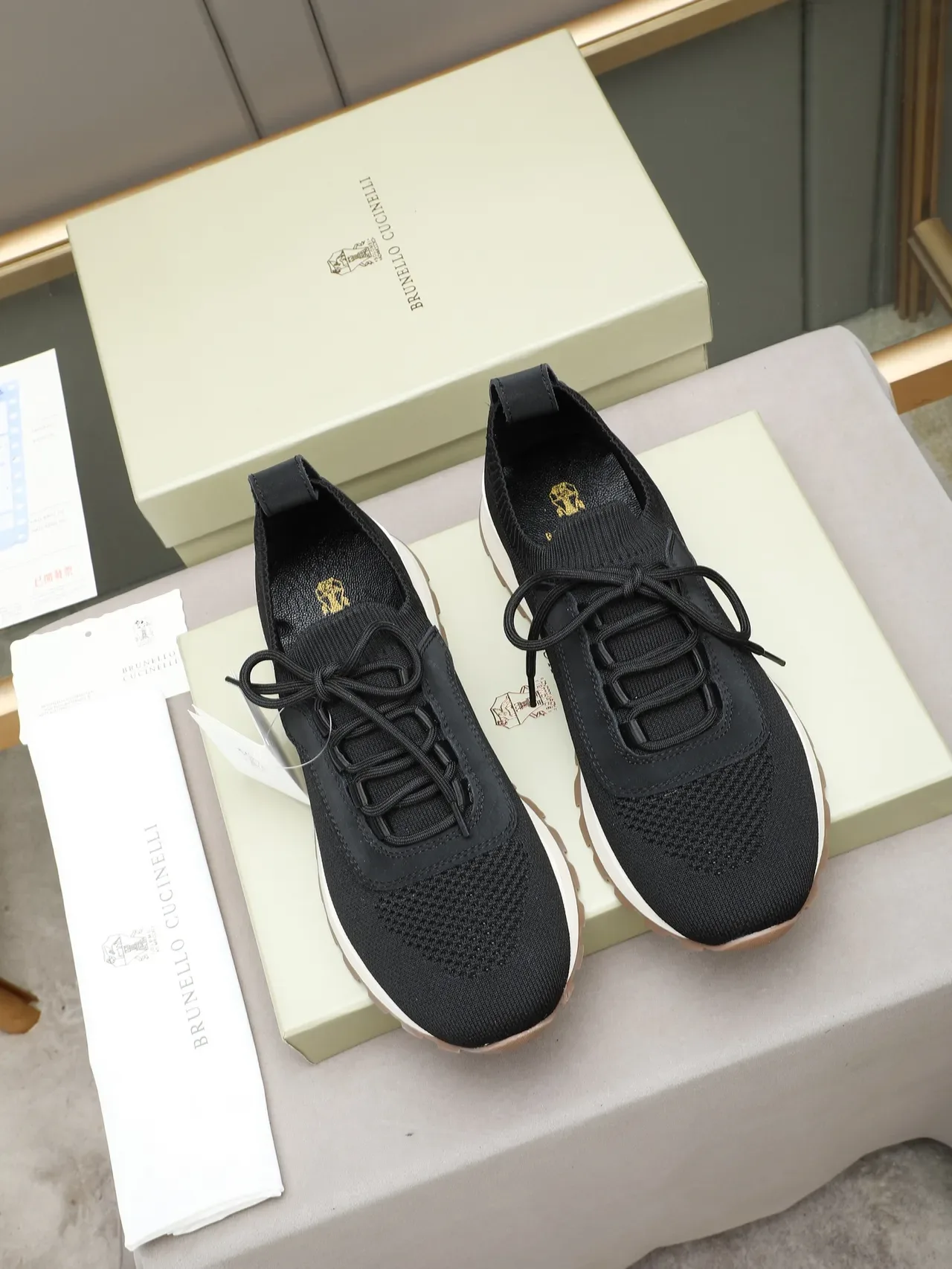 Black Beige Knit Upper Sock-Like Collar Sneakers 3