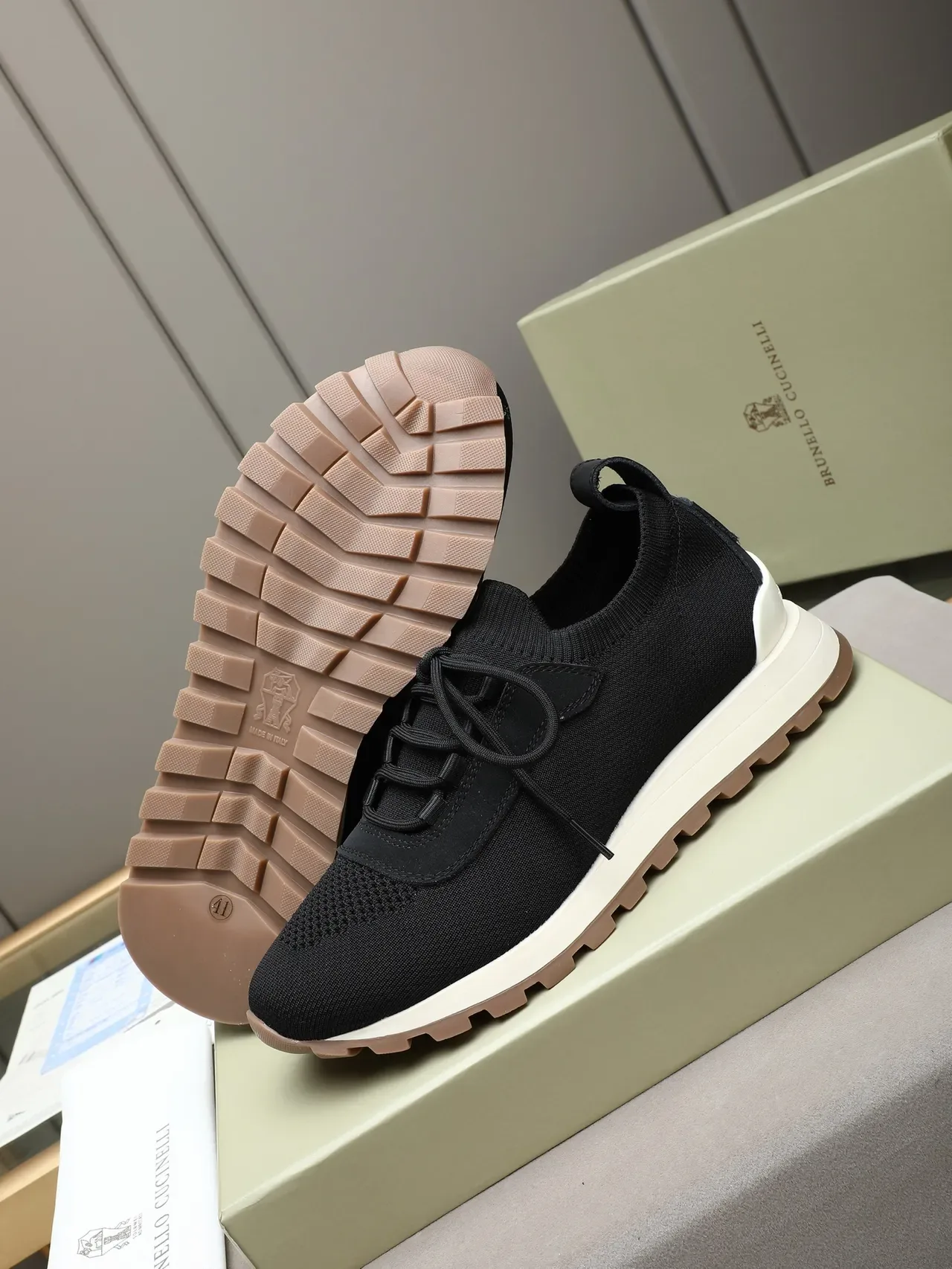 Black Beige Knit Upper Sock-Like Collar Sneakers 5