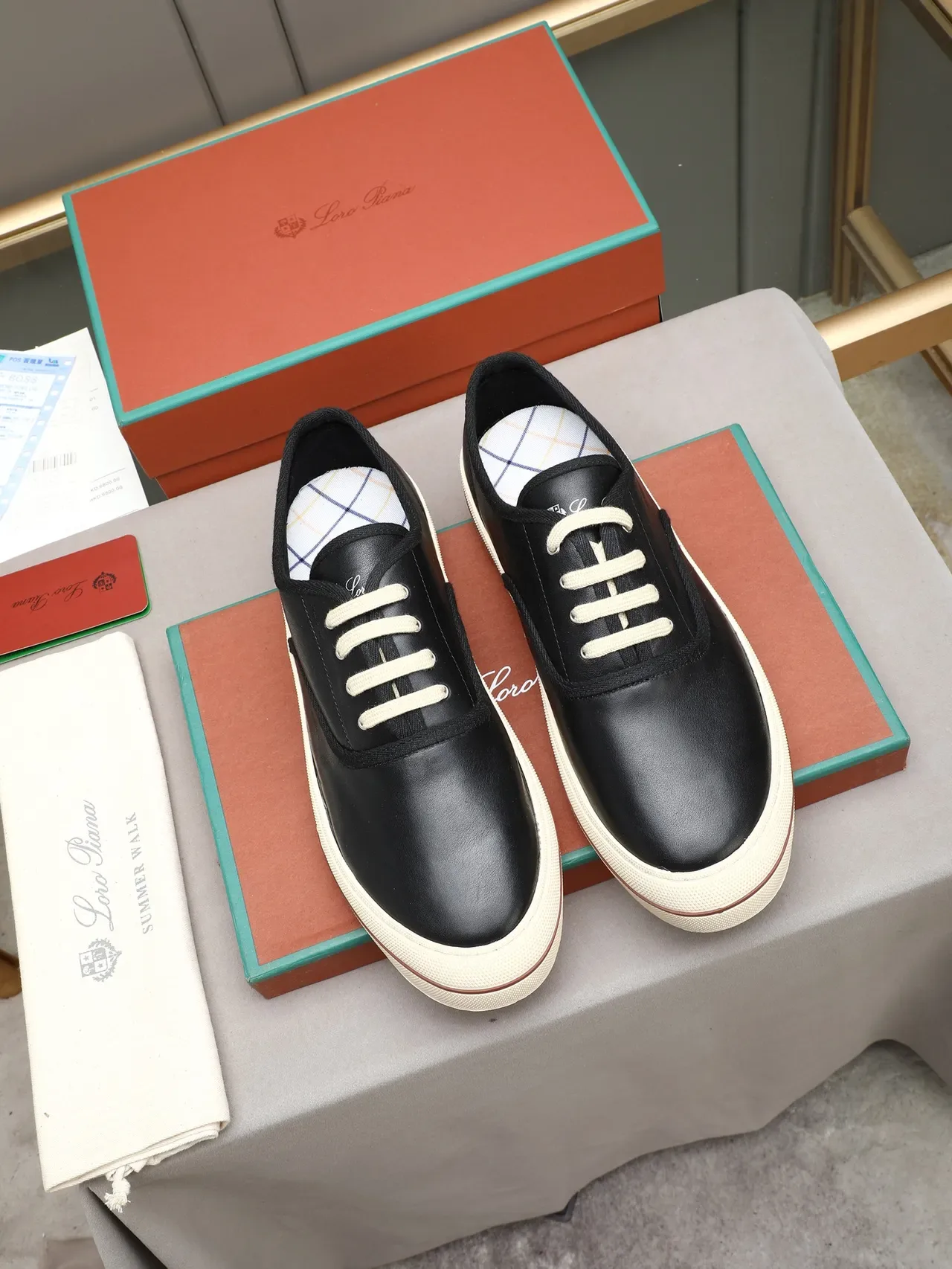 Black Beige Leather Upper Cream Rubber Sole Casual Shoes 2