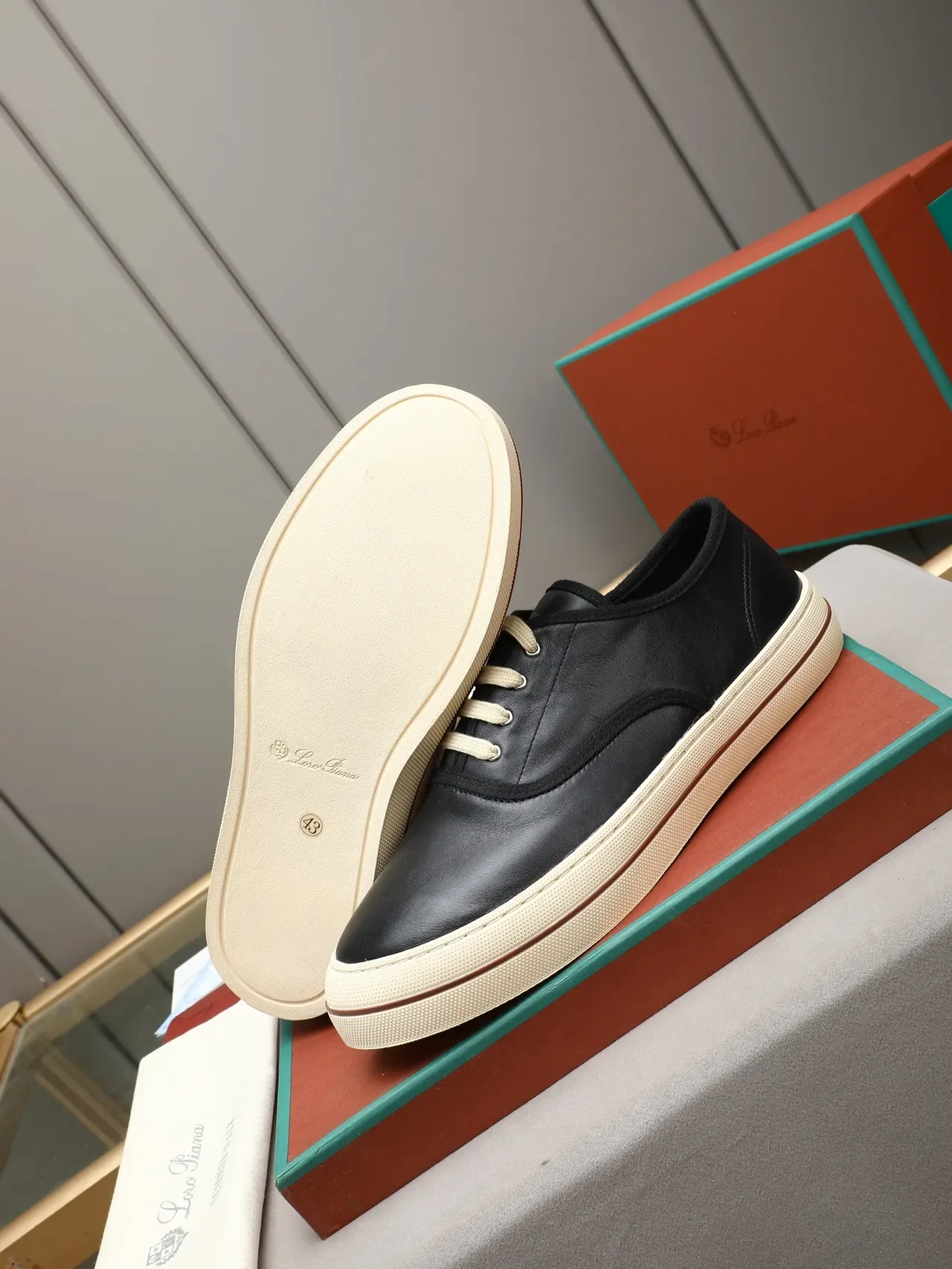 Black Beige Leather Upper Cream Rubber Sole Casual Shoes 4