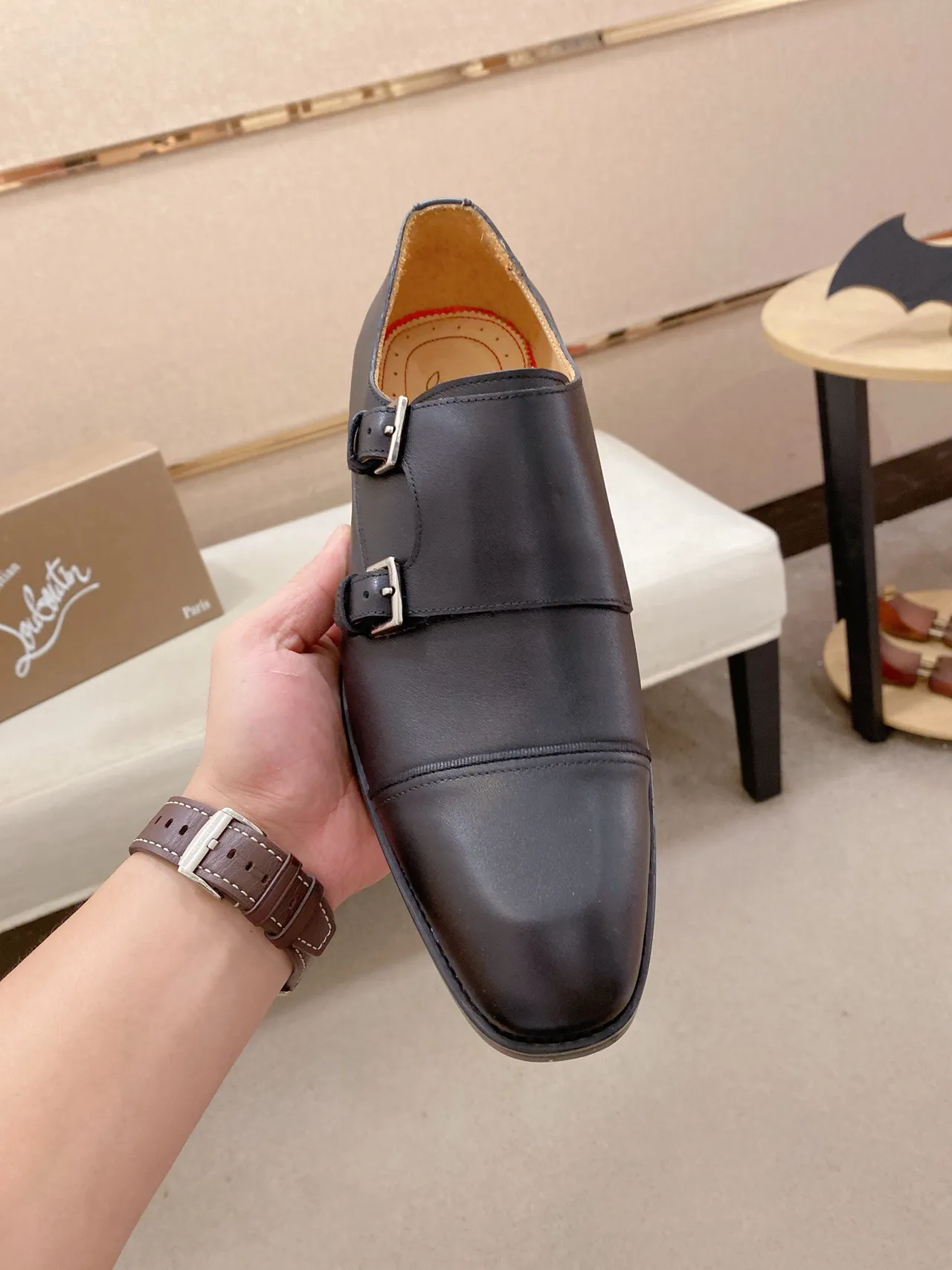 Black Beige Strap Cap Toe Monk Shoes 2
