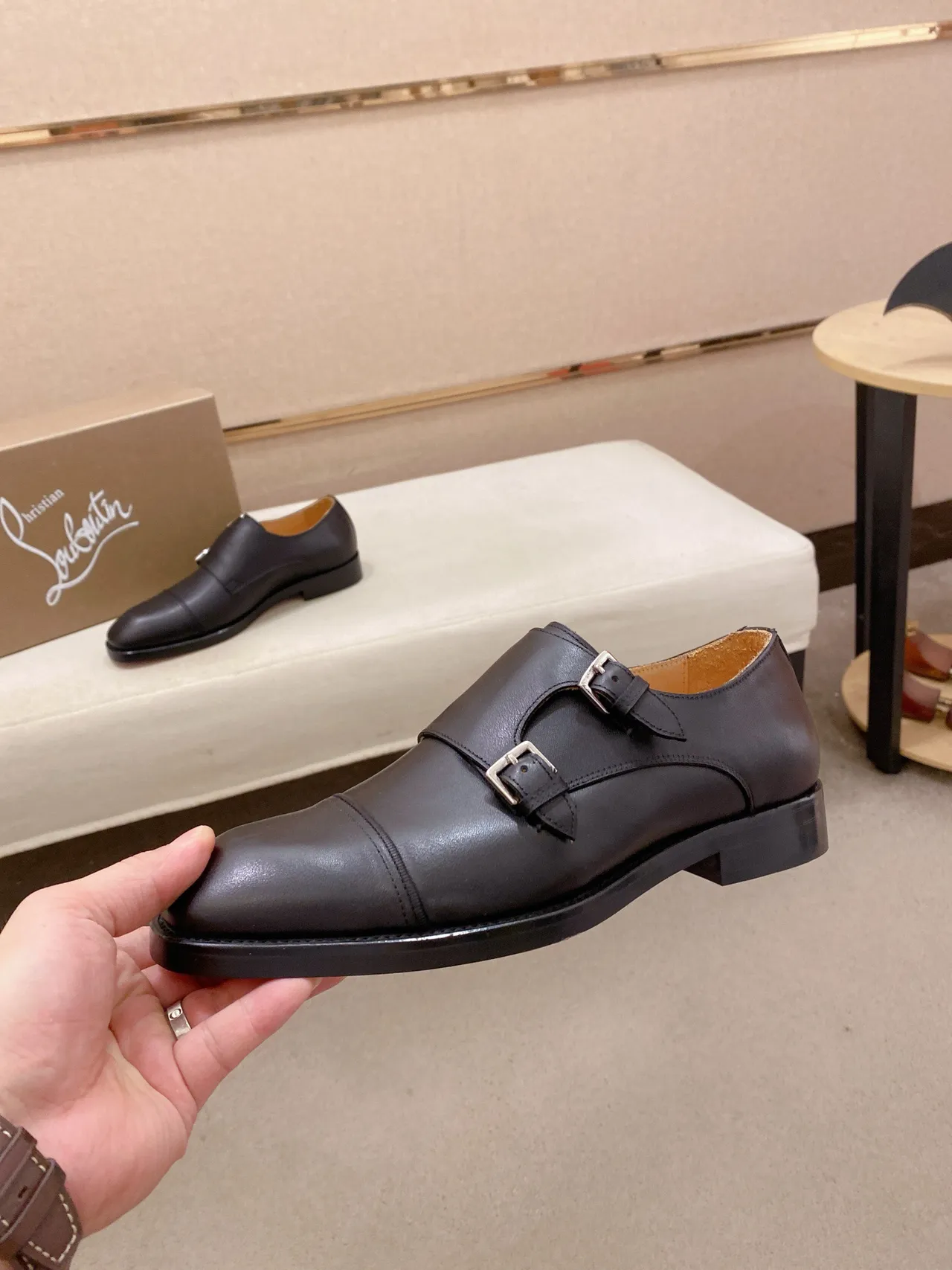 Black Beige Strap Cap Toe Monk Shoes 3