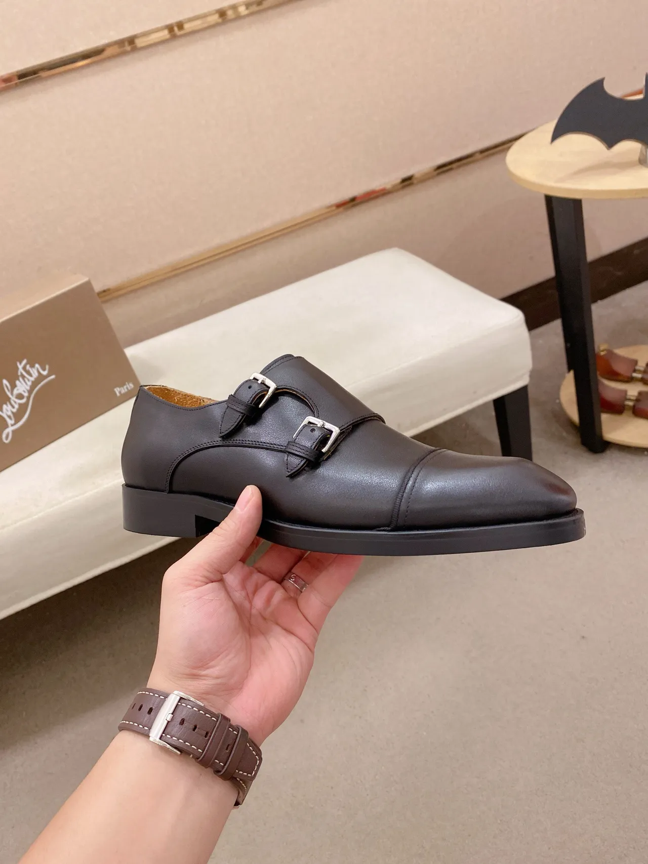 Black Beige Strap Cap Toe Monk Shoes 4