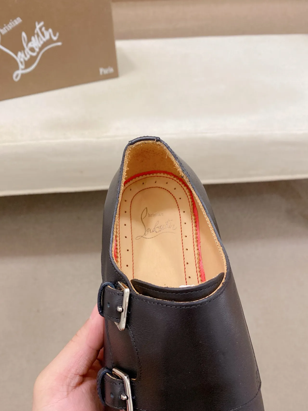 Black Beige Strap Cap Toe Monk Shoes 6