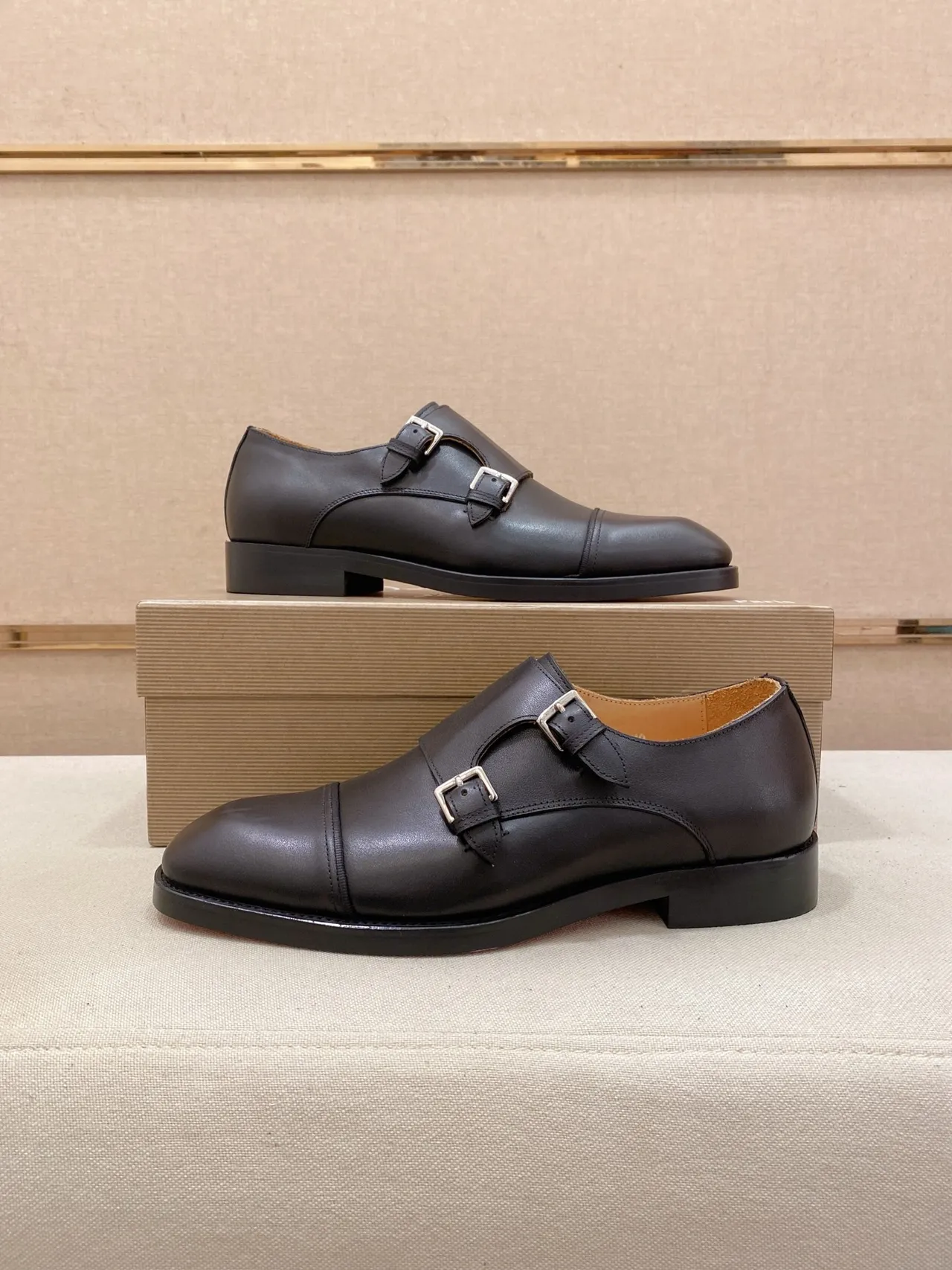 Black Beige Strap Cap Toe Monk Shoes 7