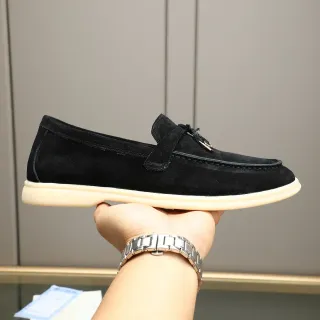 Black Beige Suede Upper Strap Closure Loafer