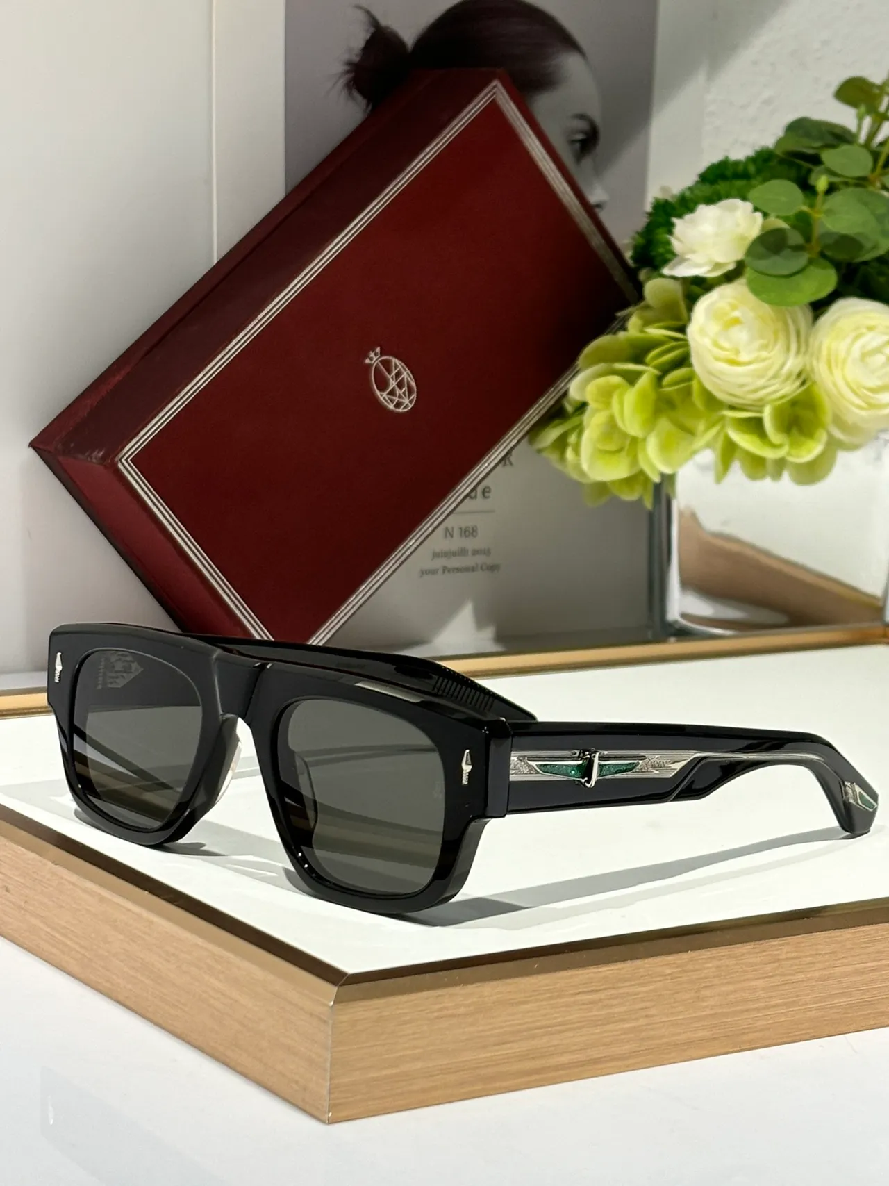 Black Brown Rectangular Frame Double Bridge Sunglasses 2