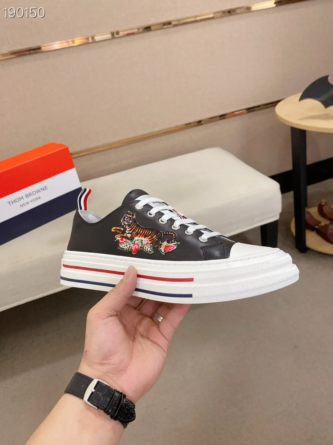 Black Embroidered Tiger and Rose Platform Lifestyle Sneakers 6