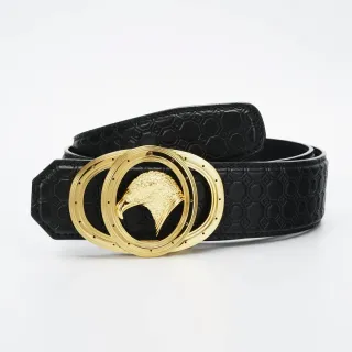 Black Gold Hexagonal Embossed Dual-Ring Buckle Leather Belt