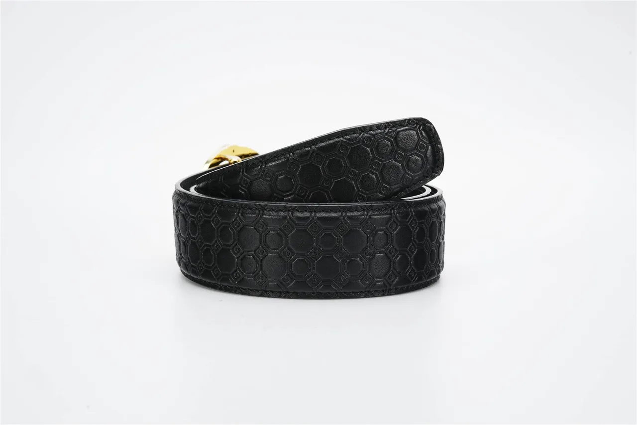 Black Gold Hexagonal Embossed Dual-Ring Buckle Leather Belt 2