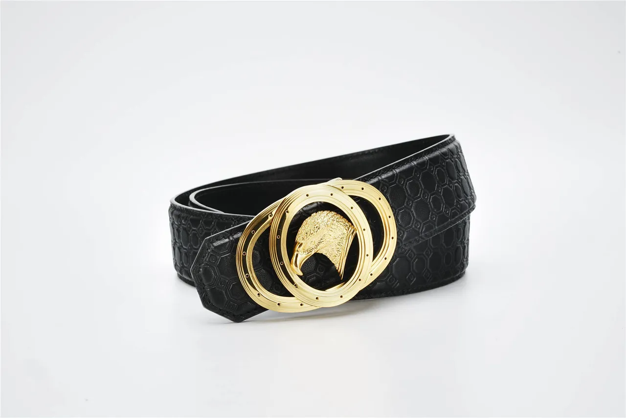 Black Gold Hexagonal Embossed Dual-Ring Buckle Leather Belt 4