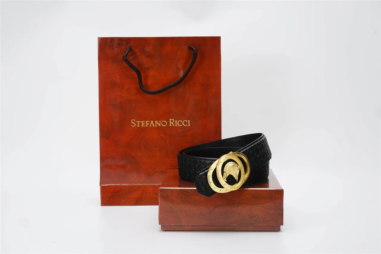 Black Gold Hexagonal Embossed Dual-Ring Buckle Leather Belt 5