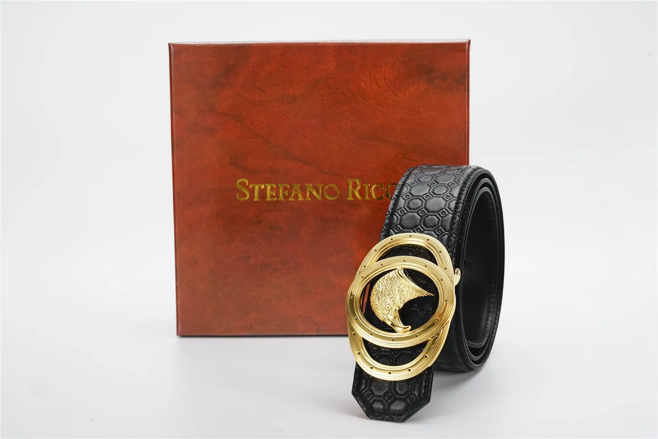 Black Gold Hexagonal Embossed Dual-Ring Buckle Leather Belt 6