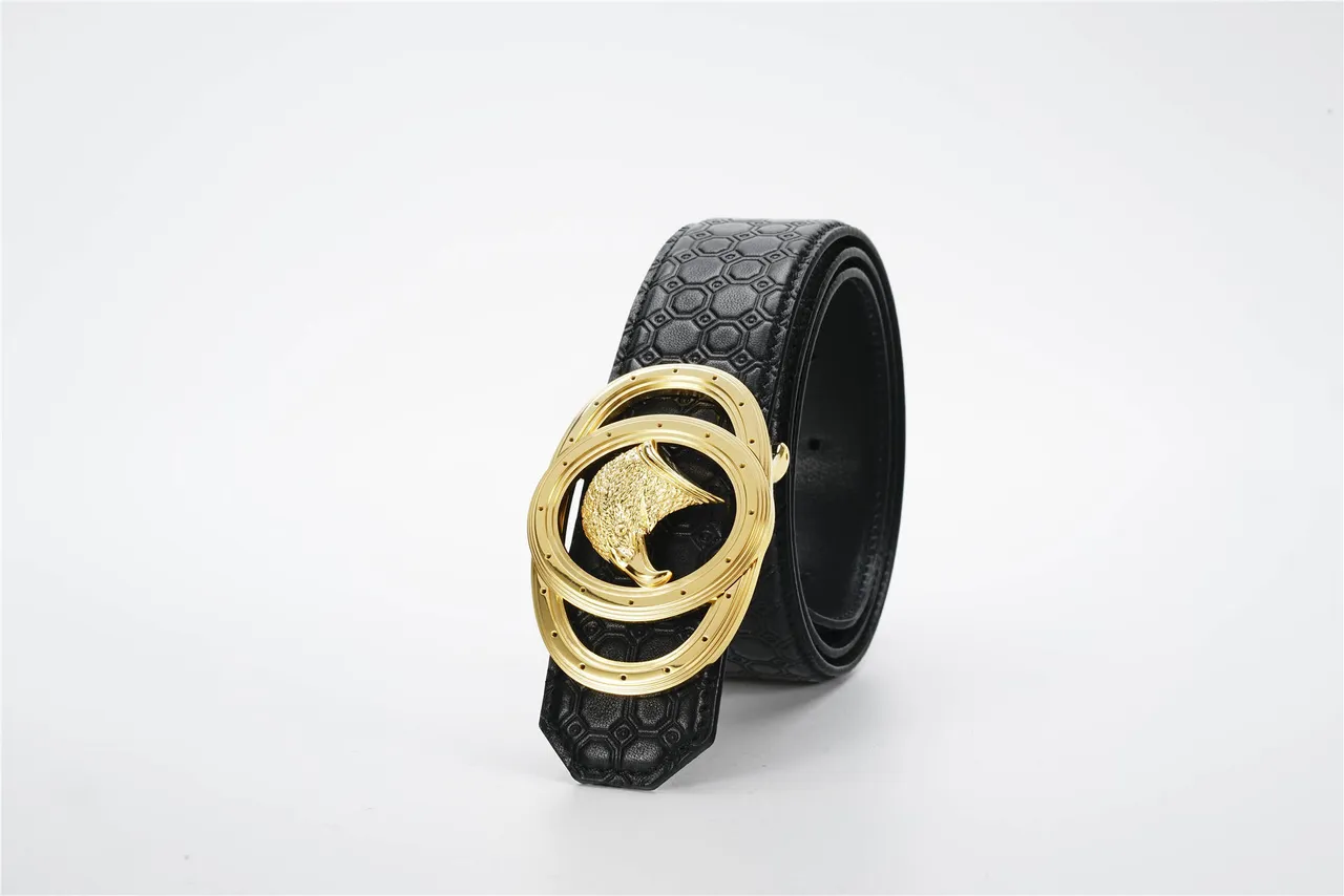 Black Gold Hexagonal Embossed Dual-Ring Buckle Leather Belt 7