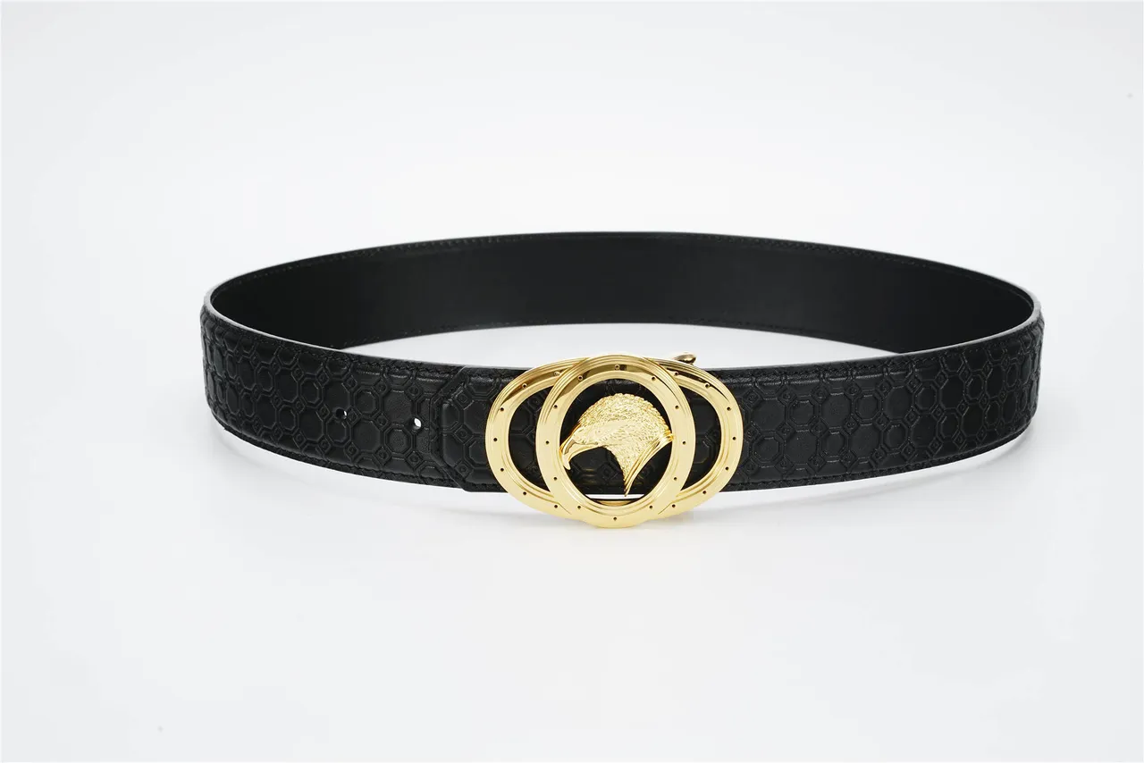 Black Gold Hexagonal Embossed Dual-Ring Buckle Leather Belt 9