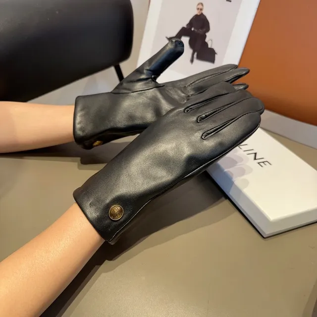 Black Gold Smooth Wrist Snap Closure Leather Gloves 3